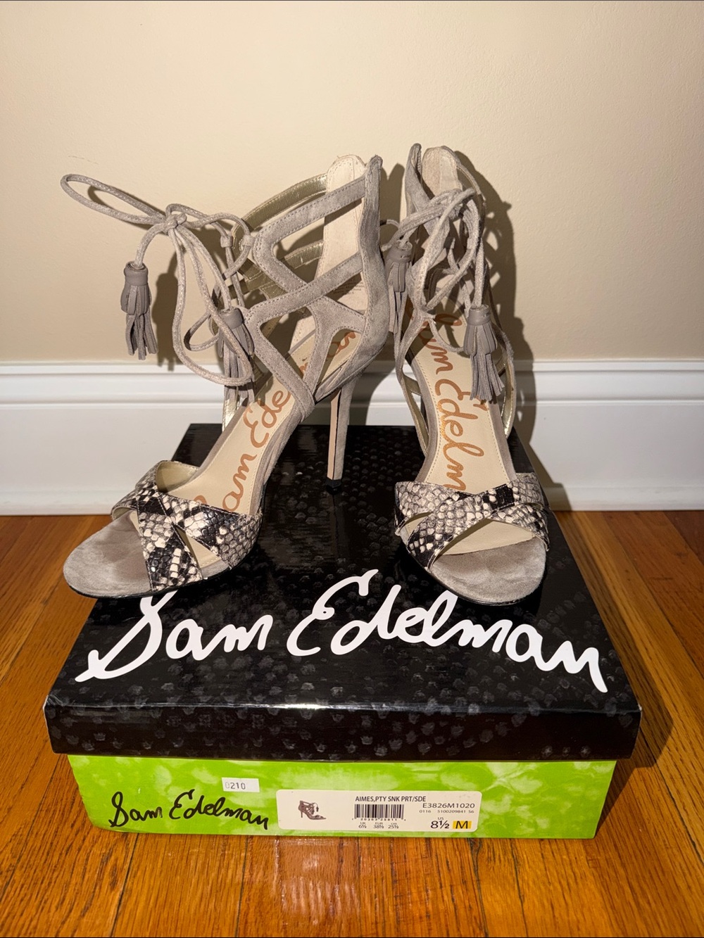 Sam Edelman Grey Suede Lace-Up Heels with Snake-Print Straps